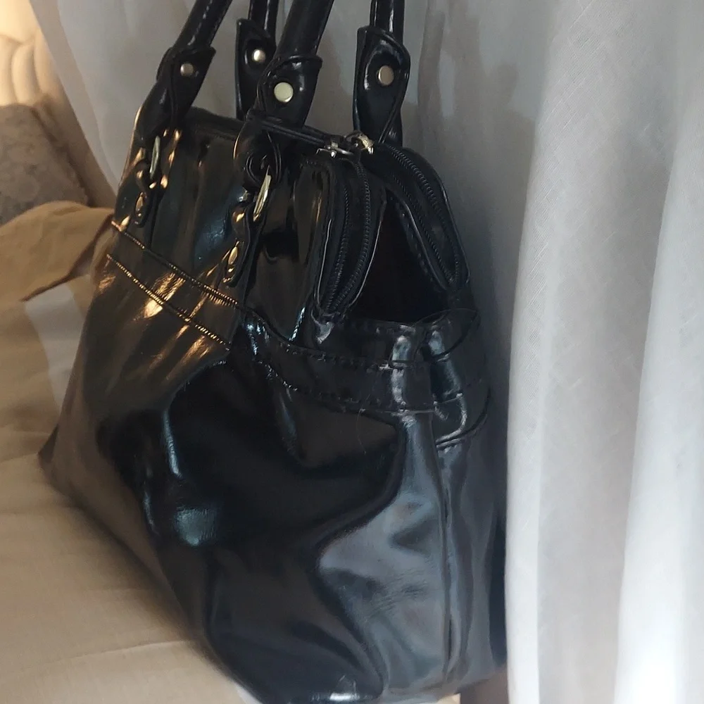 Marc Fisher Women's Black Faux Patent Zip Leather Hobo Bag Purse